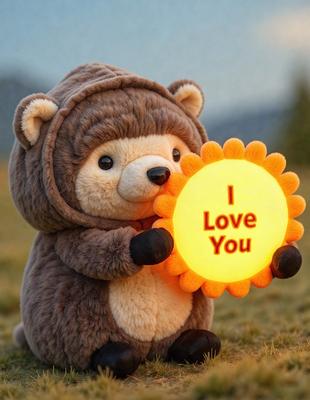 The primary subject of the image is a brown teddy bear. The bear is holding a yellow sun with the words "I love you" written on it. The setting is an outdoor environment, with the bear standing on a grassy field. The visual style is a combination of a photo and digital art, creating a unique and charming scene. The colors are predominantly brown and yellow, giving the image a warm and cozy atmosphere.