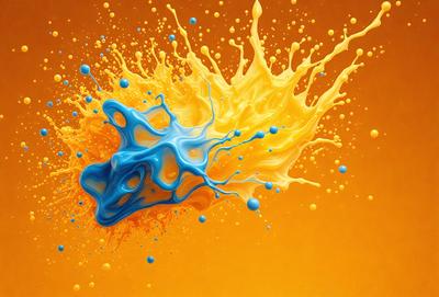 The primary subject of the image is a blue and yellow splash of paint, which appears to be a digital art or illustration. The setting is a yellow background, and the visual style suggests a creative and artistic approach to the scene. The dominant colors in the image are blue and yellow, creating a vibrant and lively atmosphere.