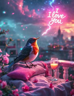 The primary subject of the image is a bird perched on a pink pillow. The setting is a balcony with a city skyline in the background. The visual style is a digital art illustration, creating a warm and inviting atmosphere. The dominant colors are pink and purple, which are associated with love and affection.