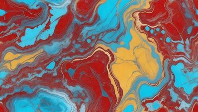 The primary subject of the image is a vibrant, colorful painting featuring a mix of red, yellow, blue, and orange hues. The painting is set against a blue and red background, creating a striking contrast. The visual style of the painting appears to be a combination of digital art and illustration, with a focus on intricate patterns and textures. The overall atmosphere of the painting is lively and energetic, capturing the viewer's attention with its bold colors and dynamic composition.