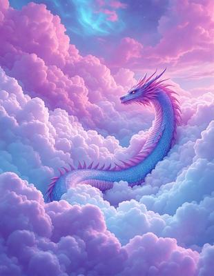 The primary subject of the image is a dragon, which is the main object, scene, or focus of the image. The dragon is depicted in a pink and blue color scheme, giving it a vibrant and lively appearance. The dragon is surrounded by a cloudy, pink and blue sky, which serves as the setting or background of the image. The visual style of the image is digital art, as it is a well-crafted and detailed illustration. The overall atmosphere of the image is one of fantasy and imagination, as the dragon appears to be flying through the clouds.