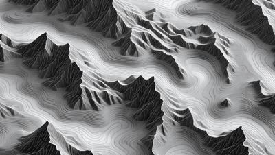 The primary subject of the image is a mountainous landscape, featuring a mountain range with a wavy pattern. The setting is a black and white image, giving it a classic and timeless appearance. The visual style is a combination of digital art and illustration, creating a detailed and intricate representation of the mountain range. The colors and mood of the image are predominantly black and white, with a sense of depth and contrast.