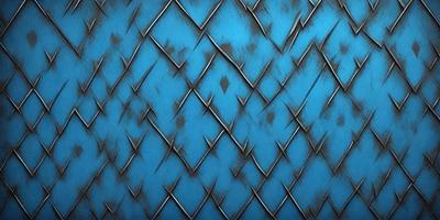 The primary subject of the image is a blue metal surface with a pattern of interlocking metal pieces. The setting is a close-up of the blue metal surface, which appears to be a metal wall or a metal-like material. The visual style is a combination of a photo and a digital art, illustration, or drawing. The dominant colors are blue and silver, creating a modern and sleek atmosphere.