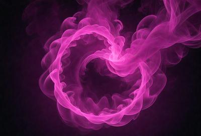 The primary subject of the image is a pink heart-shaped smoke ring. The setting is a dark background, which contrasts with the bright pink smoke ring. The visual style is a combination of a photo and digital art, creating a unique and eye-catching effect. The colors and mood of the image are predominantly pink, giving it a warm and inviting atmosphere.