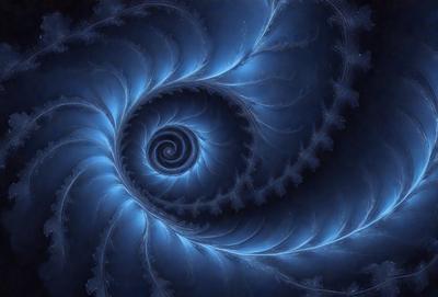 The primary subject of the image is a spiral pattern, which is the main object, scene, or focus of the image. The spiral pattern is set against a blue background, creating a visually striking contrast. The spiral pattern is depicted in a digital art style, giving it a modern and intricate appearance. The overall atmosphere of the image is one of beauty and complexity, with the blue hues adding a sense of depth and tranquility.