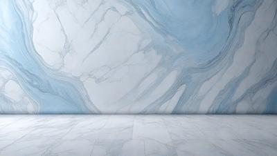 The primary subject of the image is a marble wall with a blue and white marble pattern. The setting is a room with a white floor, and the visual style is a photo. The colors and mood of the image are predominantly blue and white, creating a clean and elegant atmosphere.