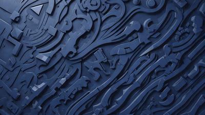 The primary subject of the image is a blue sculpture or artwork featuring a series of interconnected shapes and patterns. The setting is a blue background, which complements the artwork and adds to the visual style. The artwork appears to be a combination of digital art and illustration, showcasing intricate details and a unique design. The colors and mood of the image are predominantly blue, creating a calm and serene atmosphere.