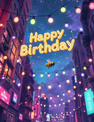 The primary subject of the image is a birthday celebration. The setting is a city street at night, with buildings and lights in the background. The visual style is a digital art or illustration, creating a festive and colorful atmosphere. The colors and mood are predominantly purple and pink, which are associated with birthdays and celebrations.