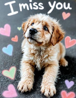 The primary subject of the image is a brown dog with a heart-shaped face, sitting on the ground and looking up. The setting is a paved surface with a pattern of hearts surrounding the dog. The visual style is a combination of a photo and digital art, creating a unique and playful atmosphere. The colors are predominantly brown and pink, with the hearts adding a touch of warmth and affection to the scene.
