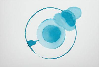 The primary subject of the image is a blue circle with a bird inside it. The circle is the main object, and it is set against a white background. The visual style of the image is a combination of a photo and a digital art, illustration, or drawing. The dominant colors in the image are blue and white, creating a calm and serene atmosphere.