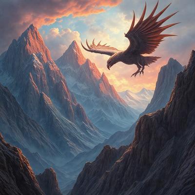 The primary subject of the image is a bird, specifically a hawk, flying through the air. The bird is captured in mid-flight, soaring over a mountainous landscape. The setting is a mountainous area with a backdrop of clouds, creating a dramatic and majestic atmosphere. The visual style of the image is a digital art or illustration, showcasing the bird's impressive flight and the breathtaking mountain range. The colors in the image are predominantly shades of blue, gray, and white, which contribute to the overall mood of the scene, evoking a sense of freedom and adventure.