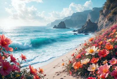 Primary subject: Flowers on the beach
Setting/background: A sandy beach with a body of water in the background
Visual style: Photo
Colors and mood: The flowers are bright and colorful, creating a cheerful and lively atmosphere.