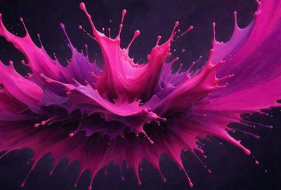 The primary subject of the image is a close-up of a pink and purple splash of paint, which appears to be a digital art or illustration. The setting is a dark background, which contrasts with the vibrant colors of the paint splash. The visual style suggests a creative and artistic approach to the image. The dominant colors are pink and purple, creating a lively and energetic atmosphere.