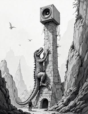 Primary subject: Dinosaur climbing a clock tower.

Setting/background: A mountainous landscape with a clock tower in the foreground.

Visual style: Digital art.

Colors and mood: The image is in black and white, giving it a classic and timeless feel.