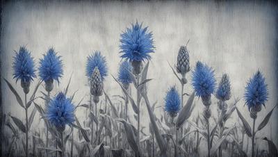 The primary subject of the image is a field of blue flowers, with a total of six flowers visible. The setting is a field with a blue sky in the background. The visual style is a painting, which gives the image a unique and artistic appearance. The colors and mood of the image are predominantly blue, creating a serene and calming atmosphere.