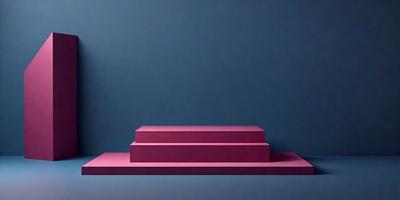The primary subject of the image is a pink staircase. The setting is a blue wall, which serves as the backdrop for the staircase. The visual style of the image is a photo, capturing the staircase in its natural environment. The colors and mood of the image are predominantly pink, giving it a warm and inviting atmosphere.