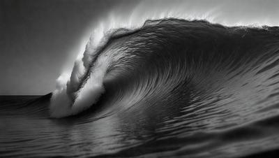 The image features a large wave crashing into the ocean. The wave is the primary subject, and it is captured in a black and white photo. The setting is the ocean, with the wave being the main focus of the scene. The visual style is artistic, and the colors are predominantly black and white, creating a dramatic and moody atmosphere.