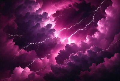 The primary subject of the image is a purple cloud with lightning bolts streaking through it. The setting is a dark, stormy sky, and the visual style is a digital art or illustration. The dominant colors are purple and pink, creating a dramatic and moody atmosphere.
