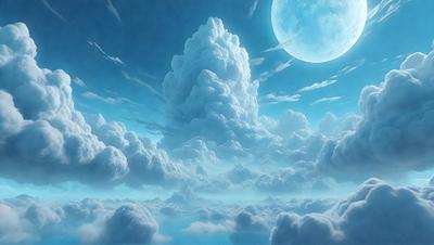The primary subject of the image is a cloudy sky filled with clouds. The setting is a nighttime scene with a moon visible in the background. The visual style is a digital art or illustration, creating a surreal and dreamy atmosphere. The colors are predominantly blue and white, with the clouds adding a sense of depth and dimension to the scene.