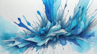 The primary subject of the image is a blue and white painting of a flower. The setting is a white background, and the visual style appears to be a digital art or illustration. The dominant colors in the painting are blue and white, creating a calm and serene atmosphere.