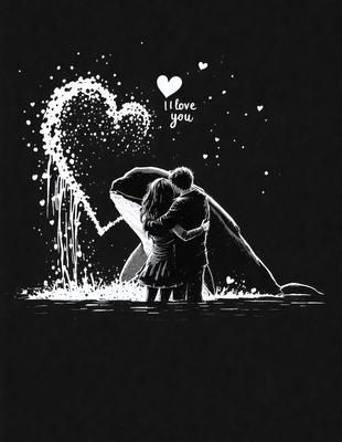 The image features a man and a woman standing close to each other, with the woman hugging the man. They are surrounded by a whale, which appears to be a part of the scene. The couple is standing in front of a heart, which adds a romantic touch to the image. The overall atmosphere of the image is warm and affectionate, with the couple embracing each other.