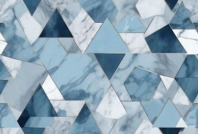 The primary subject of the image is a marble tile pattern. The setting is a blue and white marble tile wall, which serves as the background. The visual style is a combination of a photo and digital art, creating a unique and intricate pattern. The dominant colors are blue and white, giving the image a clean and elegant appearance.