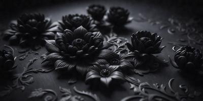 The primary subject of the image is a close-up of a black flower, which is part of a larger floral pattern. The setting is a dark background, which contrasts with the black flower. The visual style is a combination of a photo and a digital art, illustration, or drawing. The dominant colors are black and dark shades, creating a moody and dramatic atmosphere.