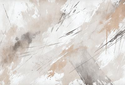 The primary subject of the image is a painting or drawing of a white and brown background with a few black lines. The setting appears to be a canvas or paper, and the visual style is a mix of artistic and textured elements. The colors and mood of the image are predominantly neutral, with a touch of contrast from the black lines.