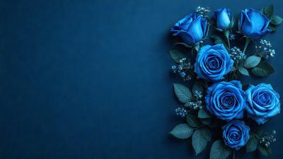 The primary subject of the image is a bouquet of blue roses. The setting is a dark blue background, which creates a dramatic and moody atmosphere. The visual style is a close-up of the flowers, showcasing their details and beauty. The colors and mood of the image are predominantly dark and mysterious, with the blue roses standing out as the focal point.