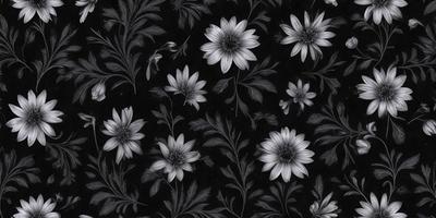 The primary subject of the image is a pattern of white flowers on a black background. The setting is a black and white photograph, creating a classic and timeless visual style. The dominant colors are black and white, giving the image a bold and striking appearance. The overall atmosphere is elegant and sophisticated, with the white flowers standing out against the dark background.