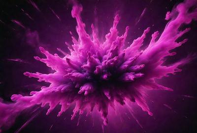 The primary subject of the image is a large, purple, pink, and white explosion. The setting is a dark background, which contrasts with the bright colors of the explosion. The visual style appears to be a combination of digital art and illustration, creating a dynamic and vibrant scene. The dominant colors and overall atmosphere suggest a sense of energy and movement.