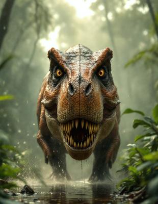 Primary subject: A large, open mouth of a dinosaur, possibly a T-Rex, with its mouth wide open.

Setting/background: The dinosaur is standing in a forest, surrounded by trees and foliage.

Visual style: The image is a digital art or illustration, featuring a detailed and realistic representation of the dinosaur.

Colors and mood: The image has a dark and dramatic atmosphere, with the dinosaur's open mouth and the surrounding forest creating a sense of danger and intensity.