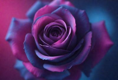 The primary subject of the image is a purple rose with a blue background. The rose is the focal point of the image, and it appears to be a realistic photograph of the flower. The visual style of the image is a close-up of the rose, showcasing its details and beauty. The colors in the image are predominantly purple and blue, creating a calm and serene atmosphere.