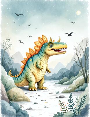 Primary subject: A large, blue, yellow, and orange dinosaur with a long neck and a spiky head.

Setting/background: The dinosaur is standing in a forest, surrounded by trees and rocks.

Visual style: The image is a digital art illustration.

Colors and mood: The colors are vibrant and lively, creating a playful and energetic atmosphere.