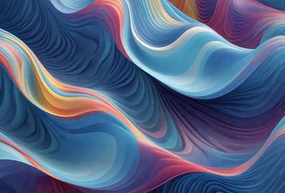 The primary subject of the image is a colorful, abstract artwork featuring a mix of blue, purple, and orange colors. The setting is a wall, and the visual style appears to be a combination of digital art and illustration. The artwork creates a vibrant and lively atmosphere, with the colors and patterns creating a sense of depth and movement.
