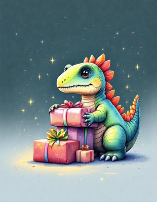 The image features a colorful cartoon dinosaur, possibly a T-Rex, holding a present in its mouth. The dinosaur is positioned in the center of the scene, with the present taking up a significant portion of the image. The background is filled with stars, adding a whimsical touch to the scene. The overall atmosphere is playful and imaginative, as the dinosaur appears to be enjoying the present.