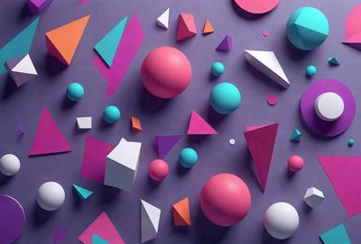 The primary subject of the image is a collection of colorful geometric shapes, including balls and triangles, arranged on a purple background. The visual style appears to be a combination of digital art and illustration, creating a vibrant and lively atmosphere. The dominant colors in the image are purple, pink, and orange, which contribute to the overall mood of the scene.