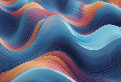 The primary subject of the image is a colorful, abstract mountain landscape. The setting is a blue background, which contrasts with the vibrant colors of the mountain. The visual style is a combination of digital art and illustration, creating a unique and eye-catching design. The dominant colors are blue, orange, and pink, giving the image a lively and energetic atmosphere.