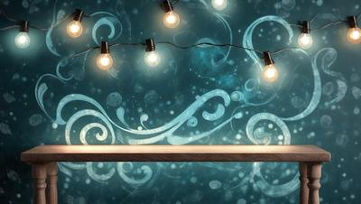 The primary subject of the image is a wooden table with a blue and white swirl pattern on it. The table is situated in front of a blue and white wall with a lighted string of lights hanging above it. The setting appears to be a room with a cozy atmosphere. The visual style of the image is a combination of digital art and illustration, creating a unique and eye-catching design. The dominant colors in the image are blue and white, which contribute to the overall mood of the scene.