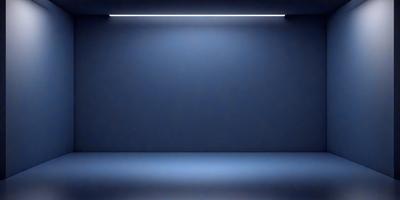 The primary subject of the image is a blue wall with a light shining on it. The setting is a dark room, and the visual style is a photo. The dominant colors are blue and black, creating a moody atmosphere.