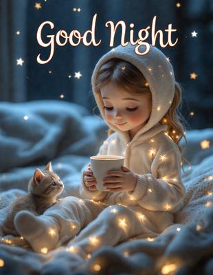The primary subject of the image is a young girl sitting on a bed, holding a cup of coffee. The setting is a cozy bedroom, with a bed visible in the background. The visual style is a digital art illustration, featuring a cute and whimsical depiction of the girl. The colors and mood are warm and inviting, with the girl's white outfit and the bed's white sheets creating a sense of comfort and relaxation.