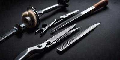 The primary subject of the image is a pair of scissors. The scissors are placed on a black surface, which serves as the setting or background. The visual style of the image is a photo, capturing the details of the scissors and their surroundings. The colors in the image are predominantly black, giving the scene a sleek and modern appearance.