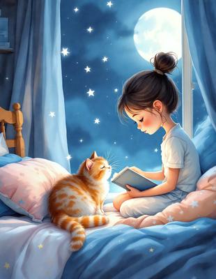 The primary subject of the image is a young girl sitting on a bed, reading a book. The setting is a bedroom, with a bed and a window visible in the background. The visual style is an illustration, depicting the girl and her cat in a cozy and intimate scene. The colors and mood of the image are warm and inviting, with the girl and her cat being the main focus of the scene.