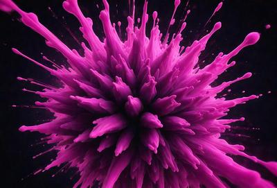 The primary subject of the image is a large, pink, purple, and white splash of paint, which appears to be a digital art or illustration. The setting is a dark background, which contrasts with the vibrant colors of the splash. The visual style is artistic and creative, with the paint splash resembling a flower or a cloud. The colors and mood of the image are lively and energetic, with the pink and purple hues evoking a sense of warmth and positivity.