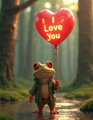 The primary subject of the image is a small, cute frog holding a red heart-shaped balloon. The setting is a forest, with trees visible in the background. The visual style is a digital illustration, giving the image a whimsical and playful appearance. The colors are predominantly red and green, creating a warm and inviting atmosphere.