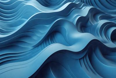 The primary subject of the image is a large, blue, wavy sculpture. The setting is a blue background, which complements the sculpture's color. The visual style is a digital art, as the sculpture appears to be a digital rendering. The colors and mood of the image are predominantly blue, creating a serene and calming atmosphere.