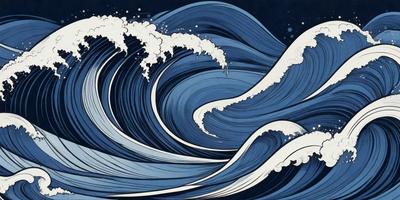 The primary subject of the image is a large wave with white foam, which is the main focus of the scene. The wave is depicted in a blue and white color scheme, giving it a dynamic and powerful appearance. The setting is the ocean, with the wave crashing against the water. The visual style of the image is a combination of digital art and illustration, creating a realistic and captivating representation of the ocean's power.