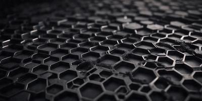 The primary subject of the image is a close-up of a black and white honeycomb pattern. The setting is a black background, which emphasizes the intricate design of the honeycomb. The visual style is a close-up, which highlights the details of the pattern. The colors and mood of the image are predominantly black and white, giving it a classic and timeless appearance.