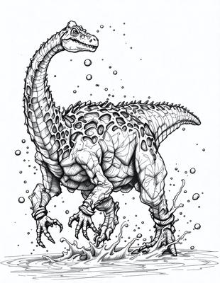 The primary subject of the image is a large, detailed illustration of a dinosaur, possibly a crocodile or a similar creature, walking through water. The setting is a body of water, with the dinosaur's legs and feet visible as it moves through the water. The visual style is a black and white drawing, which adds a sense of depth and contrast to the scene. The colors and mood of the image are dark and moody, with the dinosaur's presence creating a sense of mystery and intrigue.