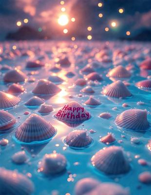 The primary subject of the image is a birthday card floating in a body of water. The card is decorated with shells and has the words "Happy Birthday" written on it. The setting is a body of water, possibly an ocean, with a sunny sky in the background. The visual style is a combination of a photo and digital art, creating a unique and creative presentation. The colors and mood of the image are bright and cheerful, reflecting the joyful nature of a birthday celebration.